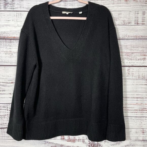 Vince Sweater Womens Large Black 100% Cashmere Pullover V Neck Classic Rib Trim - Picture 1 of 10